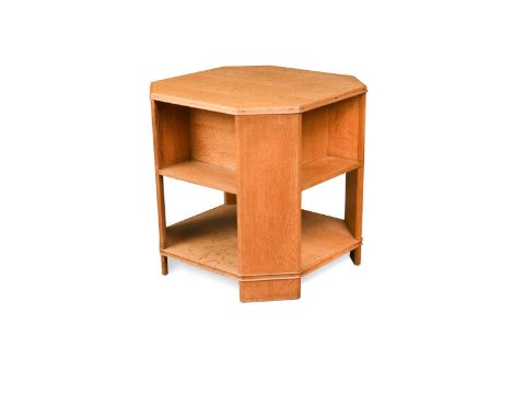 A Heal's type Art Deco pale oak book table,  of canted square form, each side with backed shelf and an open tier below61 x 59