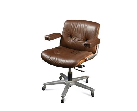 Karl Dittert for Martin Stoll at Giroflex, a Pasal  swivel desk chair, 1960s,  with buttoned brown leather upholstery and ben