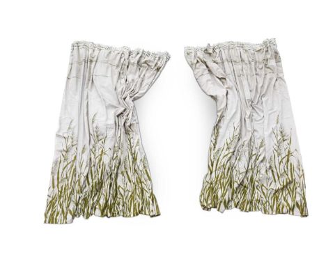 A pair of printed linen curtains, circa 1970, the natural cotton background with a wheat field design in olive green running 