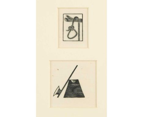 Eric Gill ARA (1882-1940) Hangman's Rope and Axe and Block, 1917; from The Gametwo wood engravings framed as one4 x 3cm and 5