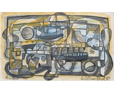 § William Black (20th century) Harboursigned and dated 'William Black 63' (lower right)ink and watercolour, unframed13 x 21cm