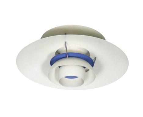 Poul Henningsen for Louis Poulsen, a PH5 pendant light, in white with red and blue detailing48cm diameter