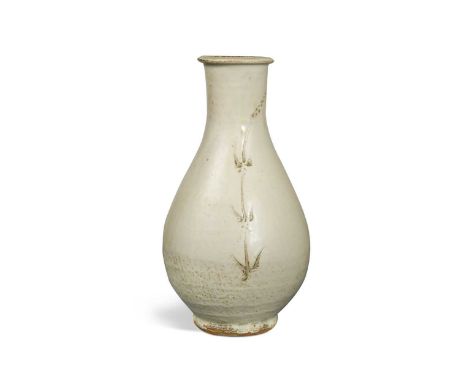 § Jim Malone (1946-), a large stoneware bottle vase, decorated in a nuka ash glaze and incised with a single bamboo shoot, im