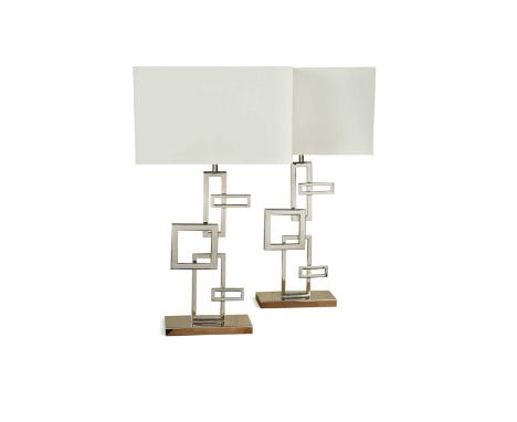 A pair of modern chrome table lamps,  of overlapping rectangle design with rectangular cream shades59cm to top of light fitti