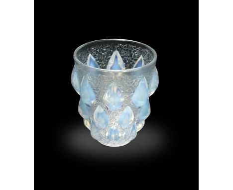 Rampillon, an R. Lalique opalescent glass vase,  the tapering cylindrical body heightened in blue, wheel etched mark13cm high