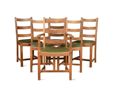 A set of six Heal's oak dining chairs, circa 1930,  comprising a single elbow chair and five singles of ladder back design wi