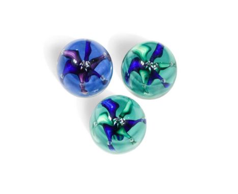 Three Paul Ysart Harland Fountain paperweights, each of domed form and internally decorated with lampwork flumes and bubble i