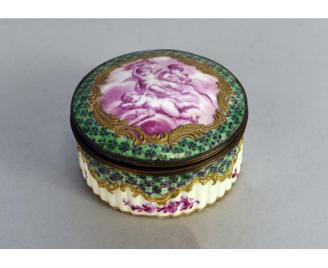 A French porcelain patch boxlate 19th centuryof circular form with vertical fluting to the base, decorated with a puce panel 