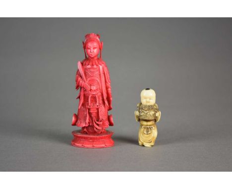 A Japanese ivory netsuke, signed Tomomasa, Meiji eraModelled as a boy carrying a basket of flowers, 5.5cm, together with a Ch