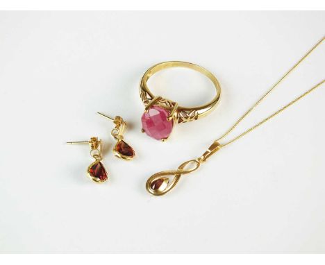 A 9ct gold single stone ruby ring, size S, together with a 9ct suite of garnet jewellery, comprising; a pendant on chain and 