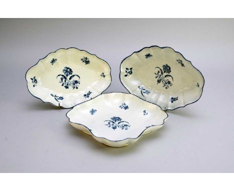A pair of Worcester 'Gillyflower' dessert dishes, circa 1775-80, of canted oval form with ozier-moulded border, transfer-prin