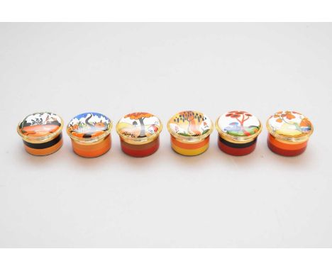 A group of Wedgwood Clarice Cliffcomprising six limited-edition Bijou Collection enamel boxes - 'Bridgwater' 319/4999; 'Red T