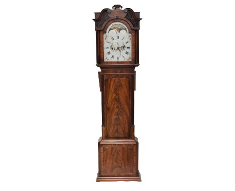 A George III mahogany arched and painted dial longcase clock, George Monks of Prescot, the hood with swan-neck pediment and g