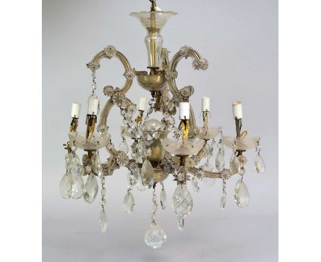 A Venetian style six-light glass chandelier, mid-20th century, the rose/stem and base united by 'S' scroll arms issuing six b