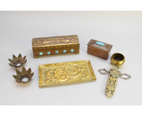 An assembled group of early 20th century metalwares, including a Near Eastern influence embossed and jewelled brass casket, o
