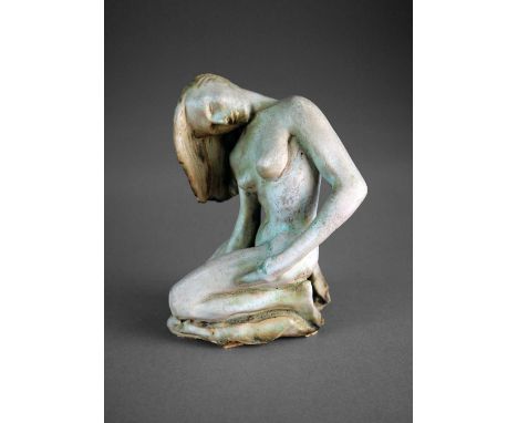 Neil Dalrymple (British Contemporary), Kneeling Nude, signed dated 1988 underneath, ceramic sculpture on a wooden base, measu