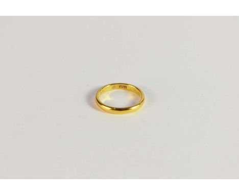 A yellow metal plain polished wedding band, ring size P, weight approx 6.5g, due to resizing only maker mark 'ISG', Birmingha
