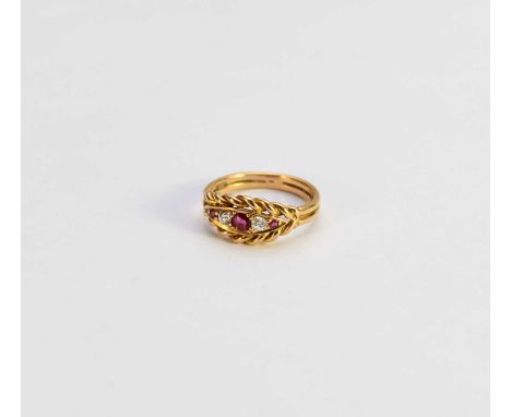 A graduated five stone ruby and diamond ring, designed as a row of three round mixed cut rubies interspersed with two old cut