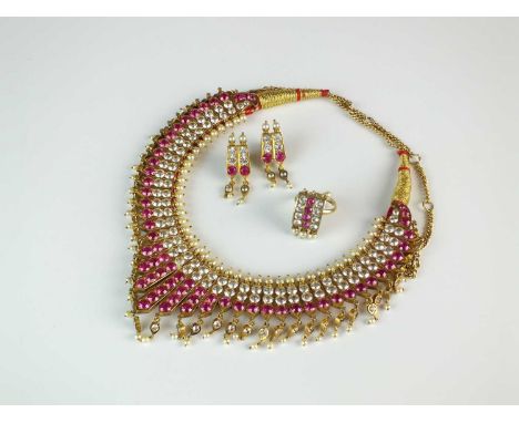 A suite of synthetic ruby, white sapphire and cultured pearl gilt jewellery, comprising; a fringe necklace, a pair of earring