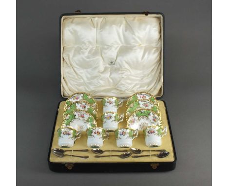 A Coalport green batwing coffee setpattern 2480, retailed by T. Goode &amp; Co in Mappin and Webb fitted presentation box, co