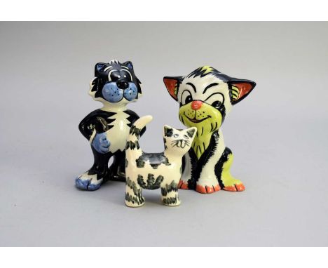 A collection of pottery, glass and metalware models of animals, predominantly cat-relatedcomprising two Lorna Bailey Art Pott