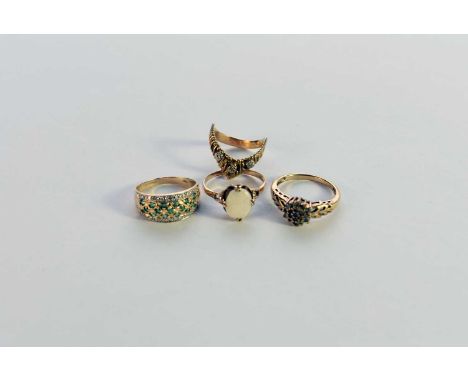 A diamond set herringbone ring, stamped '9ct', size O, together with a 9ct gold opal ring, size S, a 14ct gold emerald and di