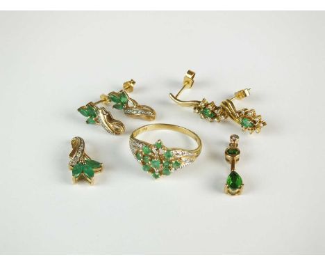 An emerald and diamond ring, stamped '375', together with an emerald and diamond pendant stamped '9k', a pair of emerald and 