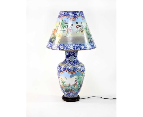 A Chinese enamelled table lamp and shade, 20th centuryOf baluster form, the shade of conical shape, painted in colours with l