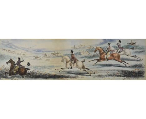 A set of 8 hand coloured mixed method hunting prints, 4 depicting coursing and 4 fox hunting, 8cm x 27.5cm (I) and 9.5cm x 34
