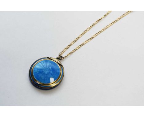 A 9ct yellow and white gold chain necklaces, suspending blue guilloche enamel compact, weight of chain approx 6gCondition rep