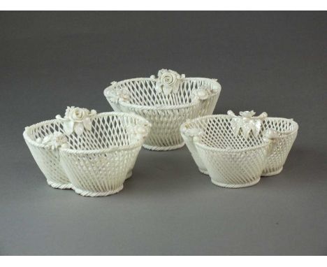 Three Belleek trefoil baskets, First Period (1865-1889)three-strand, decorated with shamrocks, roses and other flowers, two p