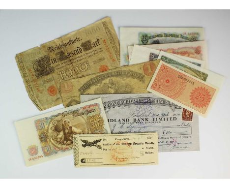 A small collection of banknotes and cheques, comprising; a USA Virginia treasury one dollar note July 1862, a USA $20 cheque 