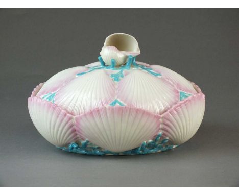 A rare Belleek First Period serving dish and covercirca 1863-90of oval form, the shell moulded with pink scallop shells and c