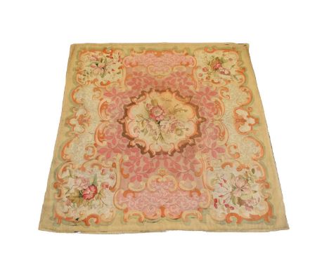 Two French hand-woven tapestries, 19th century, the first of Aubusson type, worked with a central flower medallion within scr