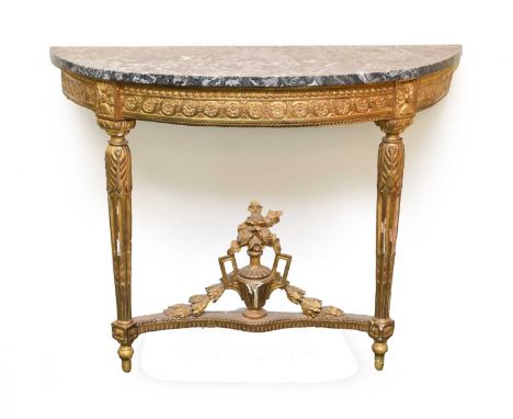 A 19th century gilt gesso console table, with a bardiglio-type marble top, 'D' shaped above a guilloche and beaded, moulded f