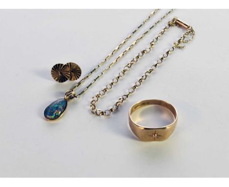 A 9ct gold signet ring, together with a pair of 9ct gold stud earrings, a 9ct gold chain necklace suspending opal triplet pen