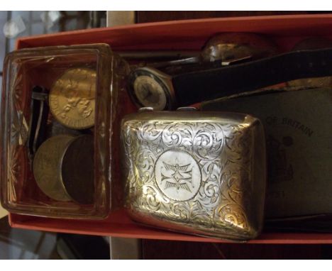 Box to include vintage watch, cigarette case and coins 