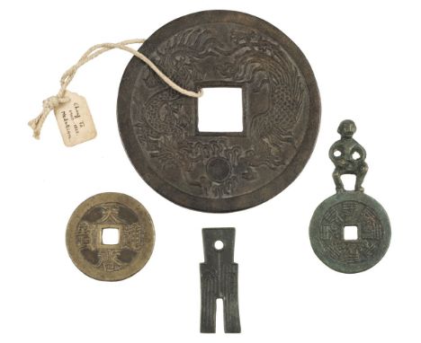 * Currency. A large bronze Chinese medallion, cast with two confronting dragons chasing a pearl, the opposite side with four 