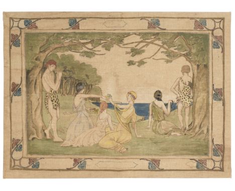 * Painted panel. A large Arts &amp; Crafts painted linen panel, circa 1920, depicting an Arcadian scene with a frieze of figu