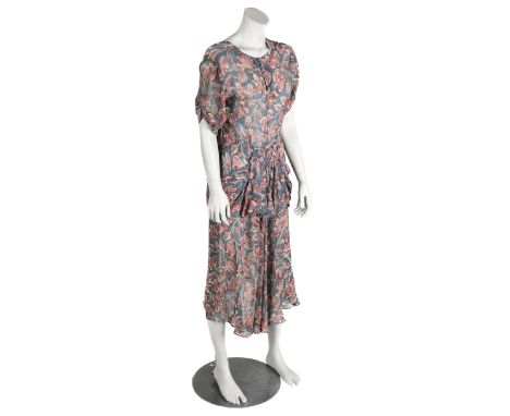 * Clothing. A 1930s georgette dress, three-quarter length dress, with pink and black floral pattern on a grey-blue ground, ro