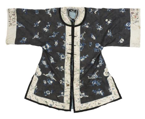 * Chinese. A lady's embroidered coat, late 19th century, black figured silk coat, hand-embroidered with flowers and butterfli