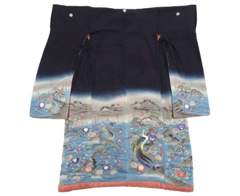 * Japanese. A ceremonial or theatrical uchikake, probably Meiji Period, purple silk kimono coat, elaborately hand-embroidered