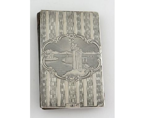 Victorian silver and leather aide-memoire with engine turned decoration and an engraved scene of a harbour with ruins, with t