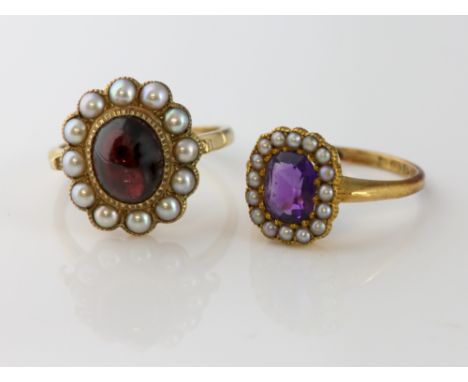 Edwardian amethyst and seed pearl cluster ring, mounted in 18 ct yellow gold, hallmarked Chester 1909, size P, with red paste