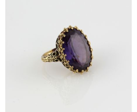 Vintage amethyst ring, with large oval cut stone, estimated weight 13.72 carats, mounted in 9 ct, hallmarked London 1972, siz