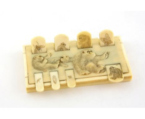 19th Japanese ivory games maker decorated with monkeys and insects  10 x 5 cm,PLEASE NOTE: THIS ITEM CONTAINS OR IS MADE OF I