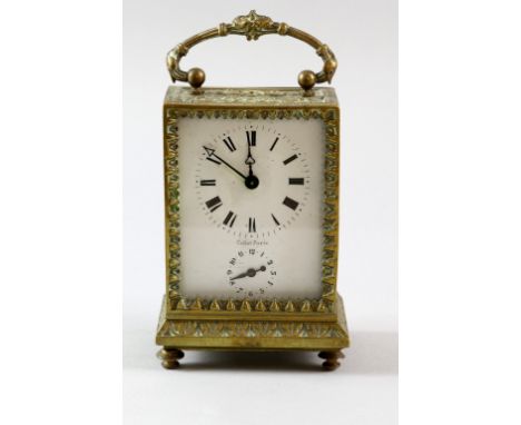19th Century French brass carriage clock by Colette of Paris, with alarm dial, 16cm 