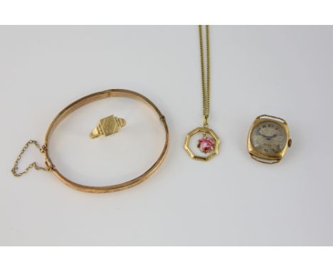 Mixed group of gold items, articulated enamel rose pendant in octagonal frame, in yellow metal testing as 14 ct, with flat cu