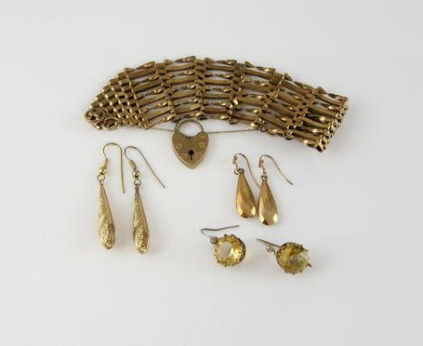 Group of items, round cut citrine earrings, mounted in yellow metal claw setting testing as 18 ct, with base metal hooks, wit