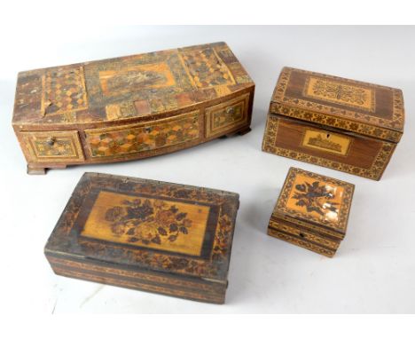 19th century Tunbridge ware, a box top  inset with flowers, 25cm wide, tea caddy 22cm wide , box, 10cm wide  and dressing tab